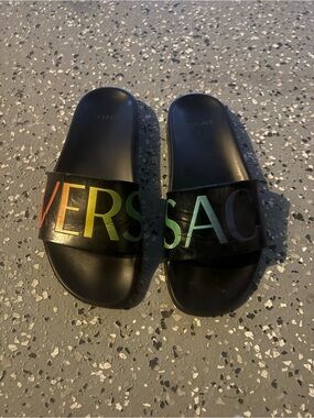 Versace Black Slides with Rainbow Logo